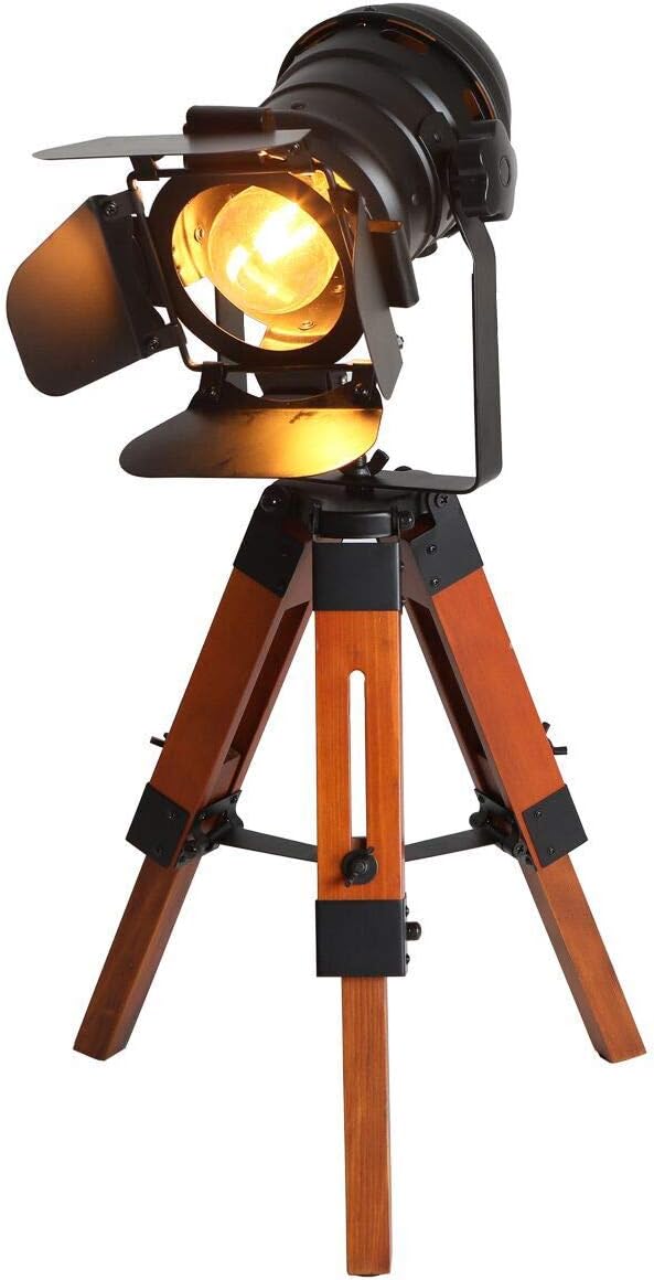 Focolux Industrial Vintage Spotlight Tripod Table Lamp Wooden Light Nautical Black Table Edison Floor Lamp Cinema Marine Head Adjustable Height Light (Black)