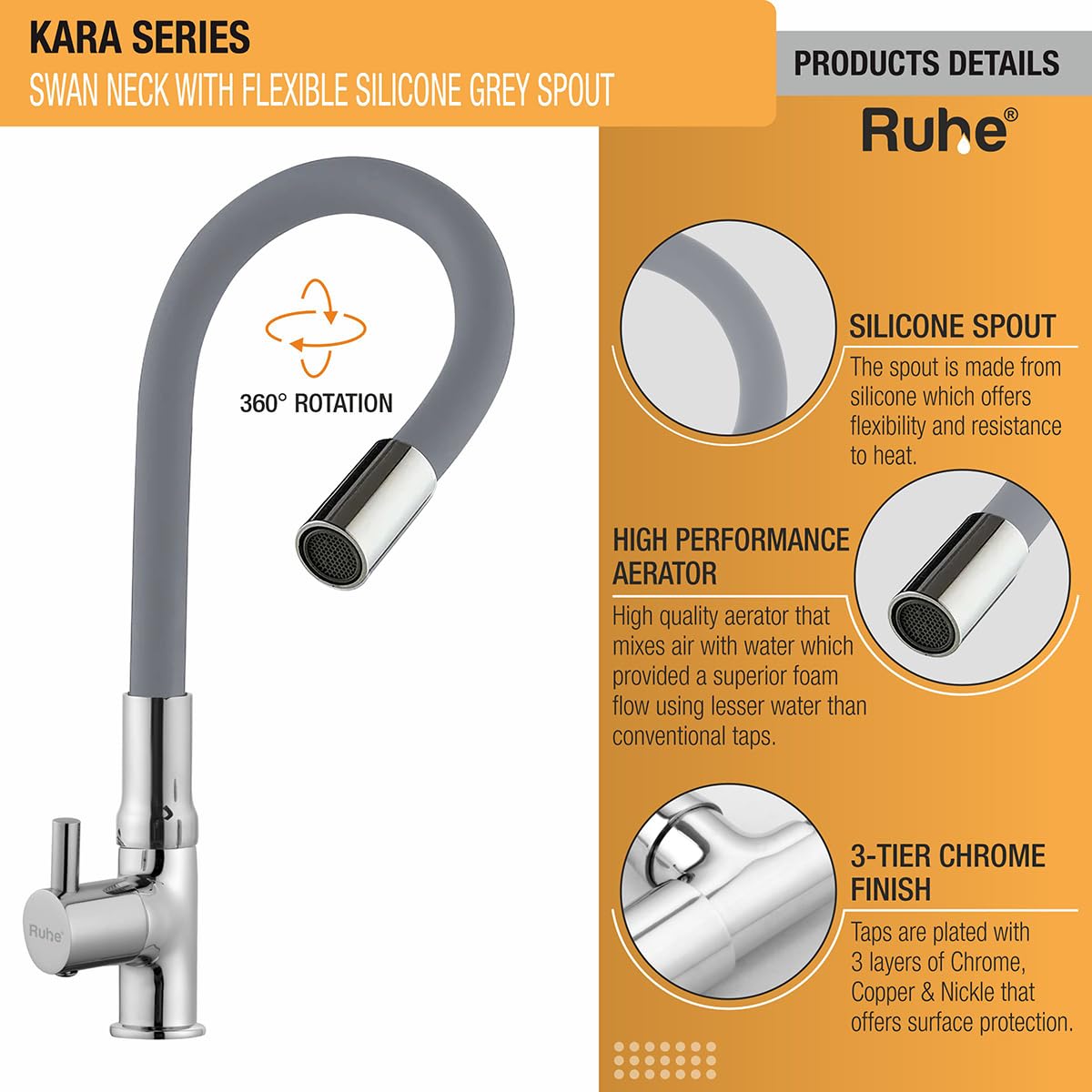Ruhe Kara Swan Neck Faucet - Grey Kitchen Tap -4