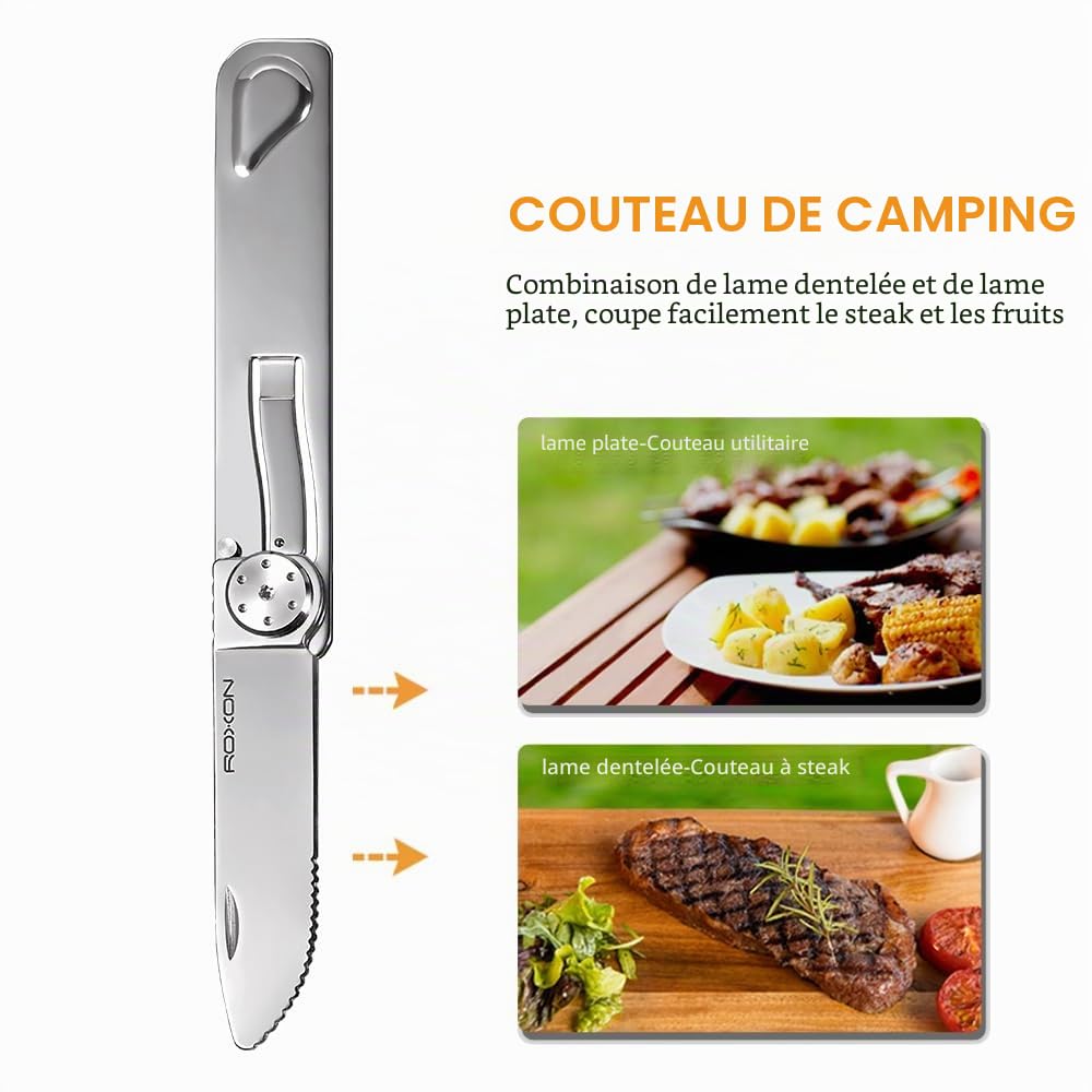 Roxon C3 Couverts de camping, 2 en 1, outil EDC | détachable avec fourchette et couteau pour le plein air le camping, la randonnée, vaisselle facile à transporter