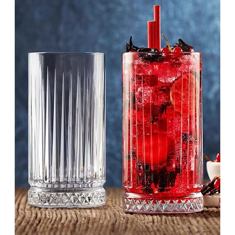 Image of bellemax 280 ML Premium Ribbed Juice Glass | Transparent Drinking Water Glasses for Juice, Soft Drinks, Mocktails, Cocktails, Cold Beverages | Crystal Clear Long Glass Tumblers for Home (Set of 6)