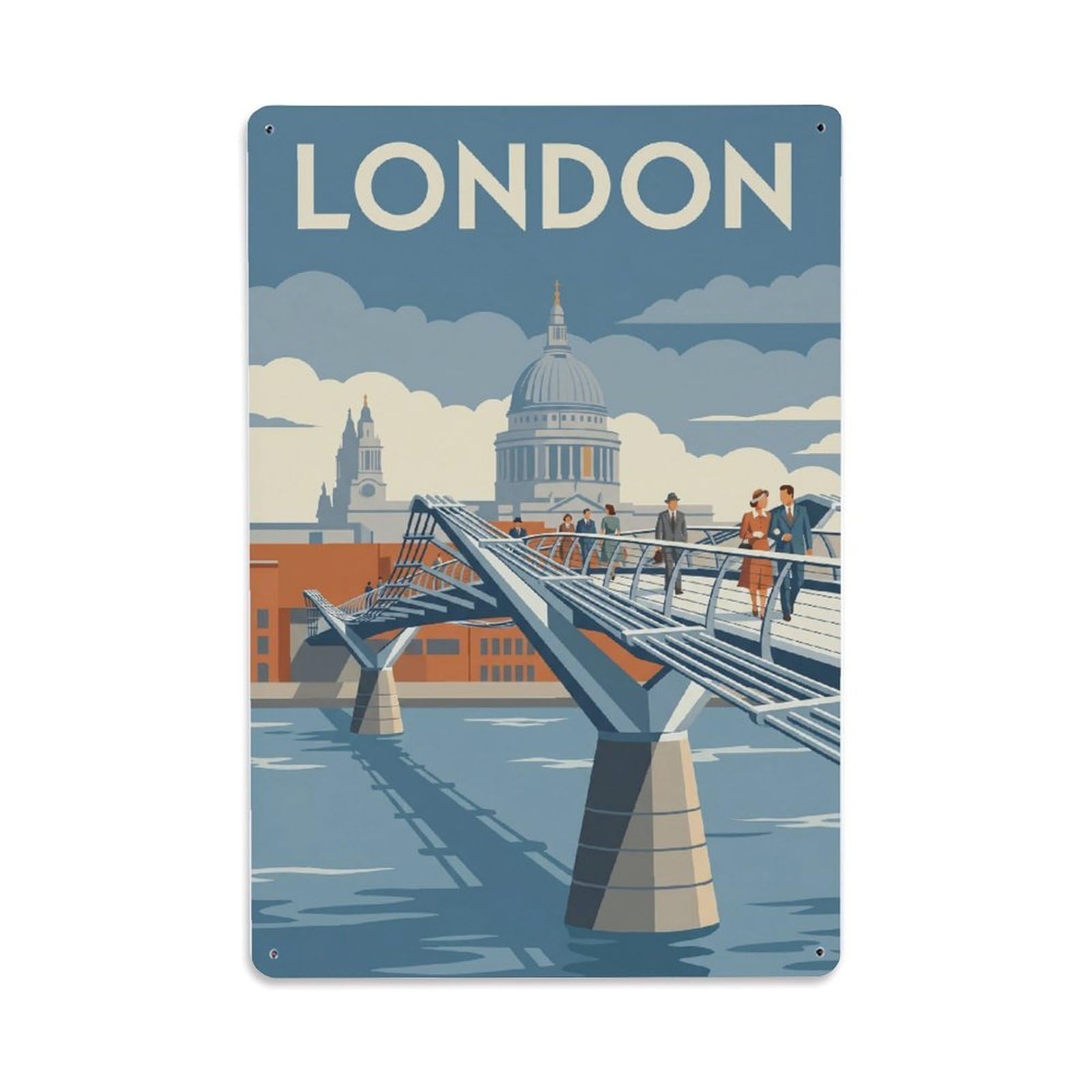 Vintage Travel London Millennium Bridge Modern Clean England Metal Tin Sign Plaque Wall Decor for Cafe, Club Bar, Office, Home Garden Metal Poster 8x12Inch