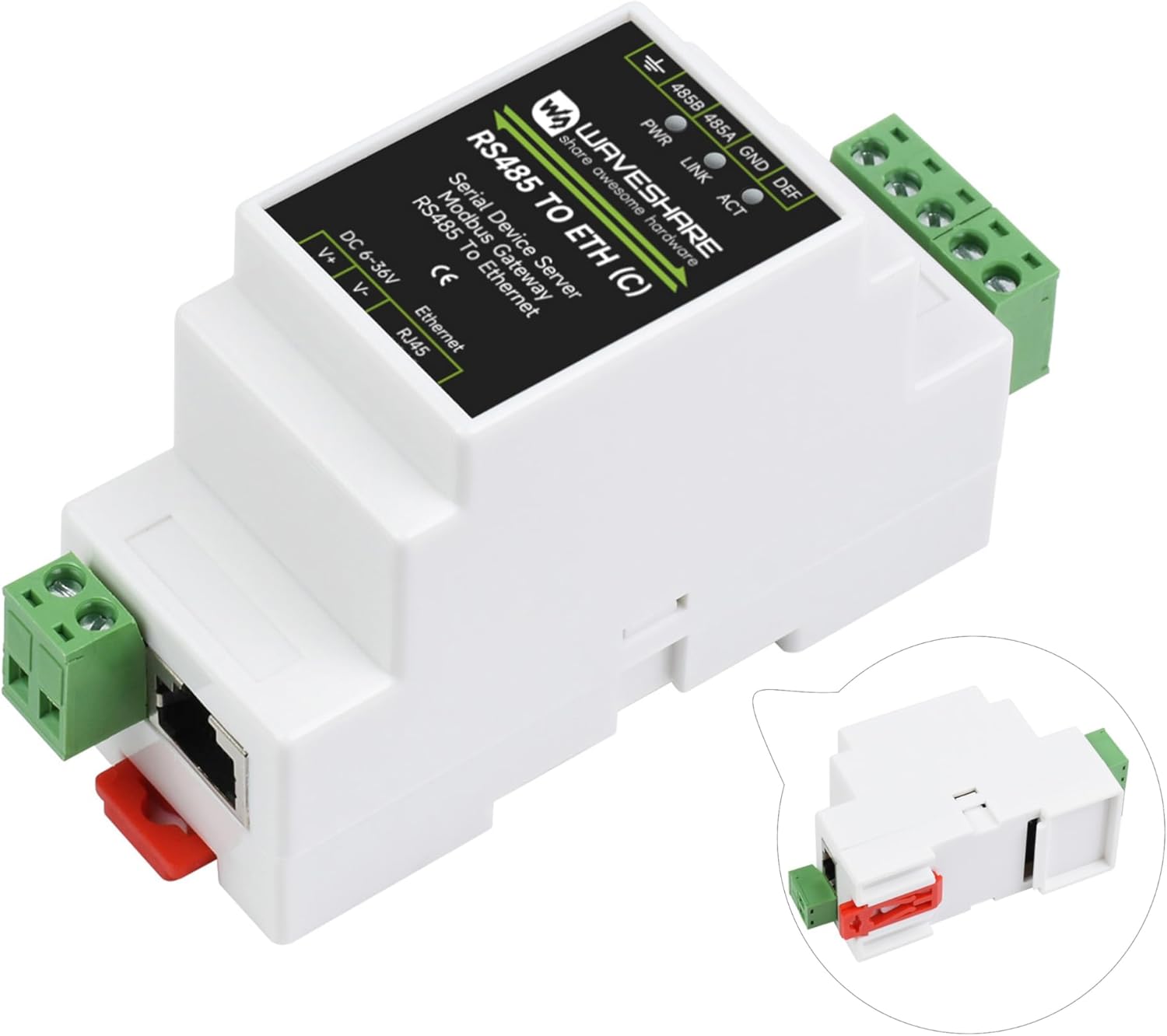 RS485 to RJ45 Ethernet Industrial Serial Server, TCP/IP to Serial, RS485 ETH Bi-Directional Data Transmission, Support Rail-Mount Modbus Gateway, 6~36V Power Supply, with Electrical Isolation