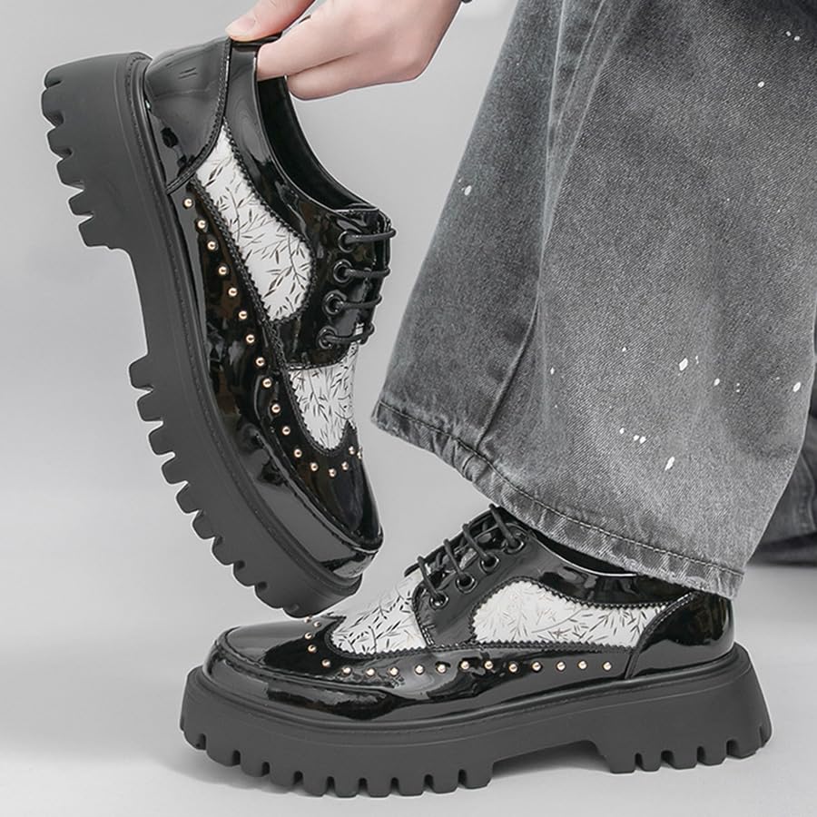 Image of Men's Patent Leather Platform Dress Shoes Classic Round Toe Thick Lug Sole Lace Up Oxfords Comfort Block Heel Derby Business Casual Shoes