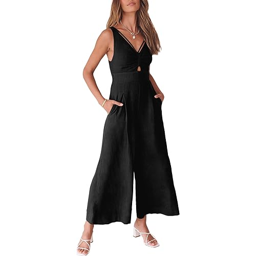 ANRABESS Women's Jumpsuits Summer Wide Leg Sleeveless V Neck Casual Dressy Linen Pants Rompers 2025 Vacation Beach Outfits