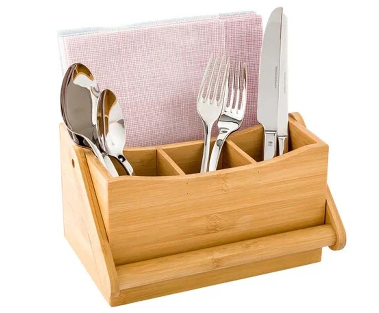 PREMZO Cutlery Caddy Utensils Holder Carrying Handle Kitchen Countertop Divider Wooden 4 Compartment Cooking Tools Napkin Fork Knives Spoons Storage Organiser Rack