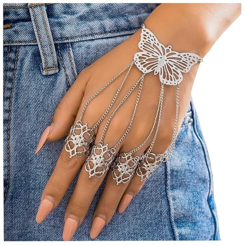Summer Punk Butterfly Finger Bracelets with Ring,Exaggerated Finger Wrist Chains Rings Bracelets Gothic Link Chain Finger Bracelet Festival Halloween Hand Chain Body Jewelry for Women3