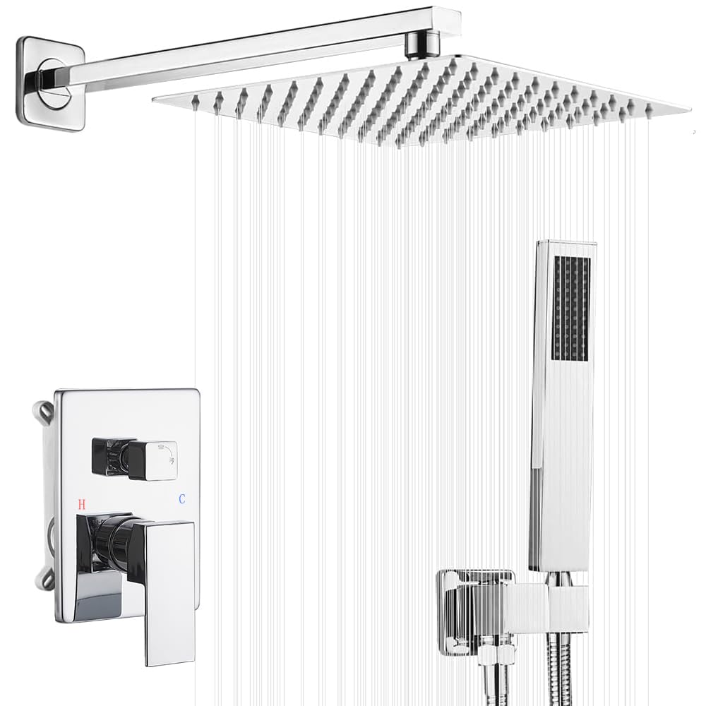 Chrome Shower System 10 Inch Bathroom Luxury Rain Mixer Shower Combo Set Wall Mounted Brass Rainfall Shower Head and Handheld System Shower Faucet Rough-in Valve Body and Trim Included
