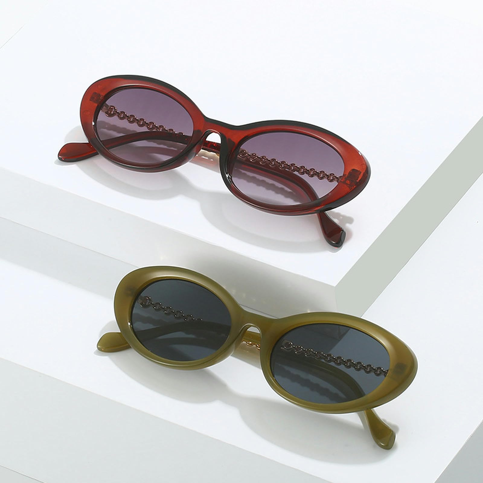 NOGRAX Okulary owalne okulary przeciwsłoneczne moda unikalny metalowy łańcuszek nogi okulary odcienie męskie kocie oko oliwkowe zielone okulary przeciwsłoneczne