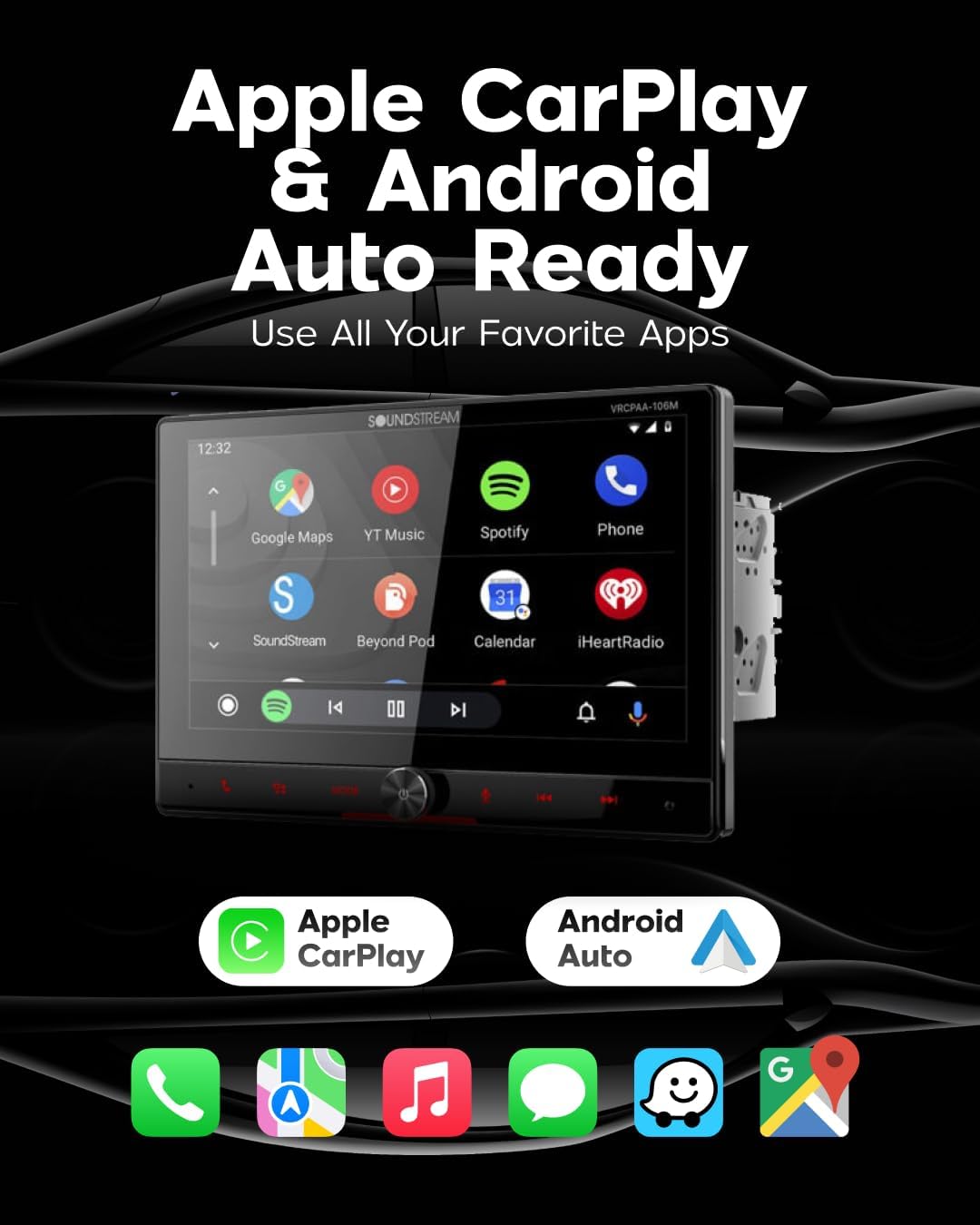 Soundstream VRCPAA-106M showing Apple CarPlay and Android Auto compatibility