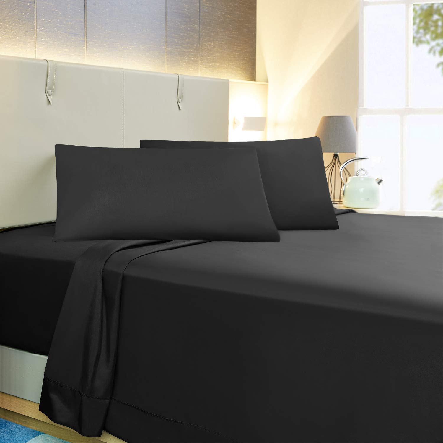 King Size Bed Sheets, Allo 4 Piece Hotel Luxury Microfiber Bedding Sheet set - 1 Flat Sheet, 1 Fitted Sheet, 2 Pillowcases Deep Pockets - Extra Soft, Wrinkle, Fade Resistant, Hypoallergenic, Black