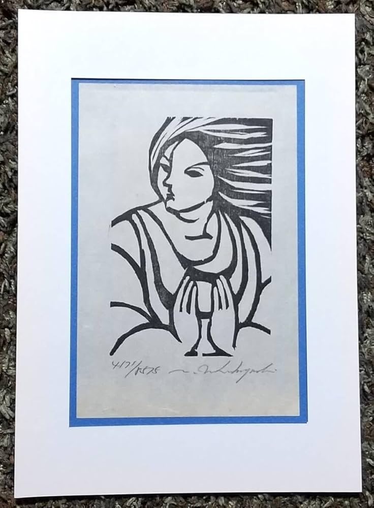 Amazon.co.jp: 真作保証 若林憲子 『風』 木版 1980年制作 直筆