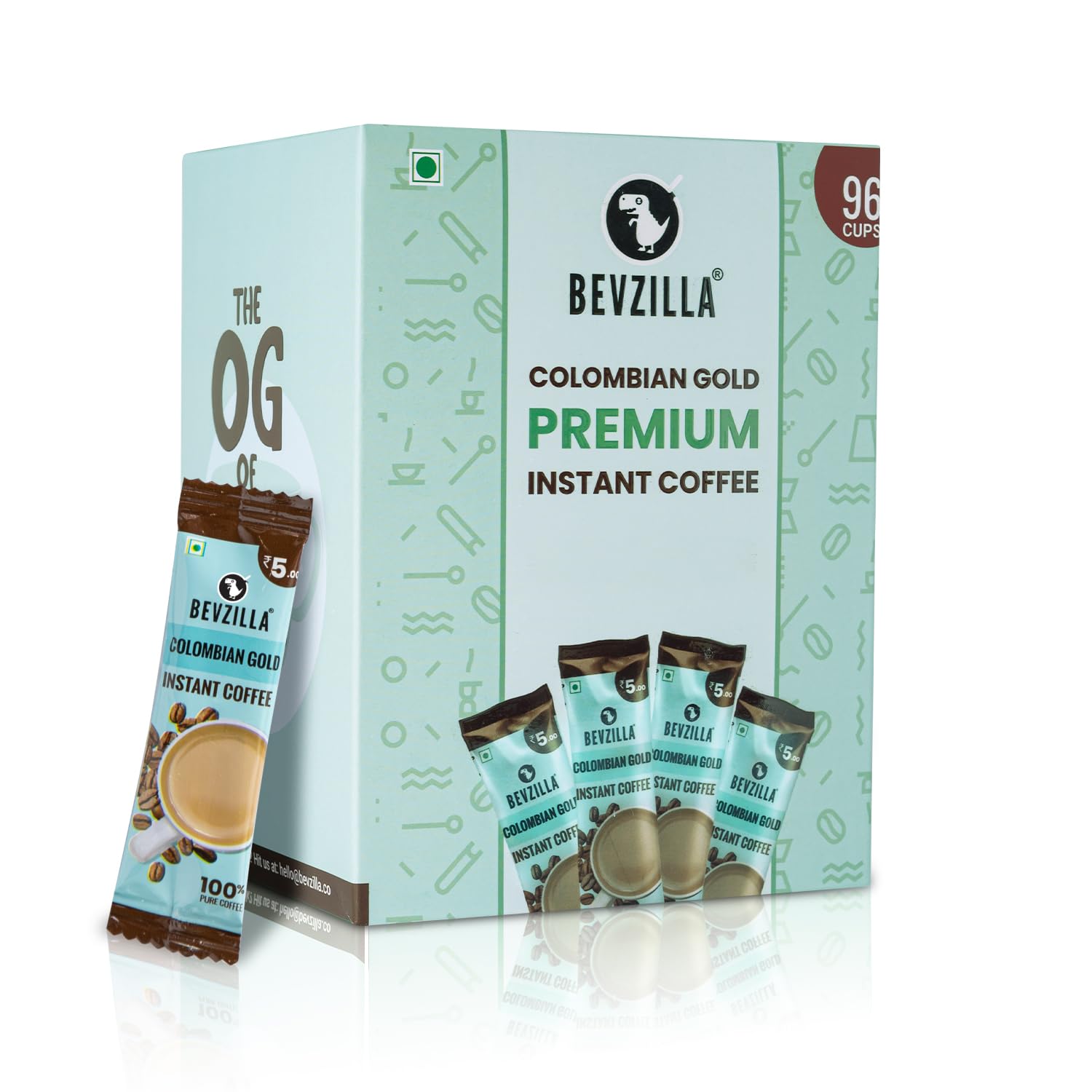 Bevzilla 96 Instant Hot & Cold Coffee Powder Sachets/Pouches (Colombian Gold) - 192 Grams|Arabica Coffee | Best For Espresso, Latte, Cappuccino|Enjoy Hot & Cold