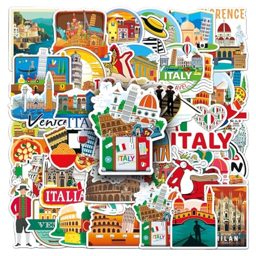 Lot de 50 Italie Autocollants, Italie Voyage Autocollants en Vinyle Imperméables, Valises Stickers pour scrapbooking, bouteille d'eau, Bagages Skateboard Guitare Ordinateur Portable
