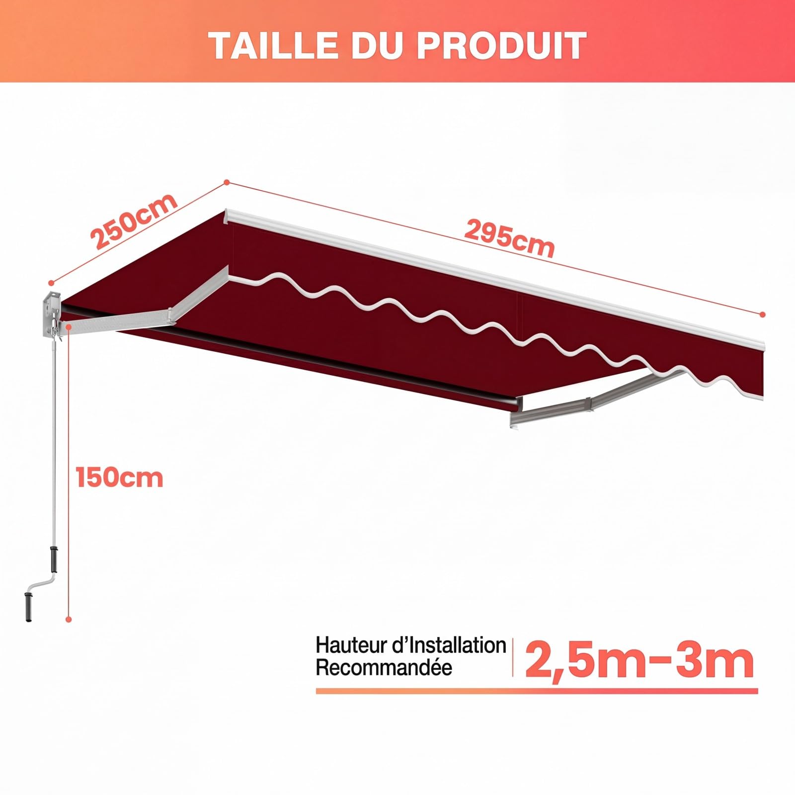RELAX4LIFE Store Banne Manuel Rétractable avec Manivelle, Auvent Balcon en Polyester Anti-UV, Cadre en Alu, Inclinaison 40°-100°, Store Banne pour Porte, Fenêtre, Terrasse (Bordeaux,295 x 250 CM)
