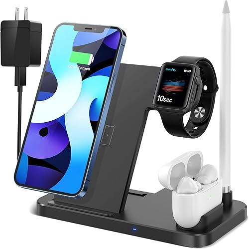 Estación de carga inalámbrica 4 en 1, soporte de carga rápida mejorado 2021 para iWatch Series 7/6/SE/5/4/3/2, AirPods y lápiz, compatible con