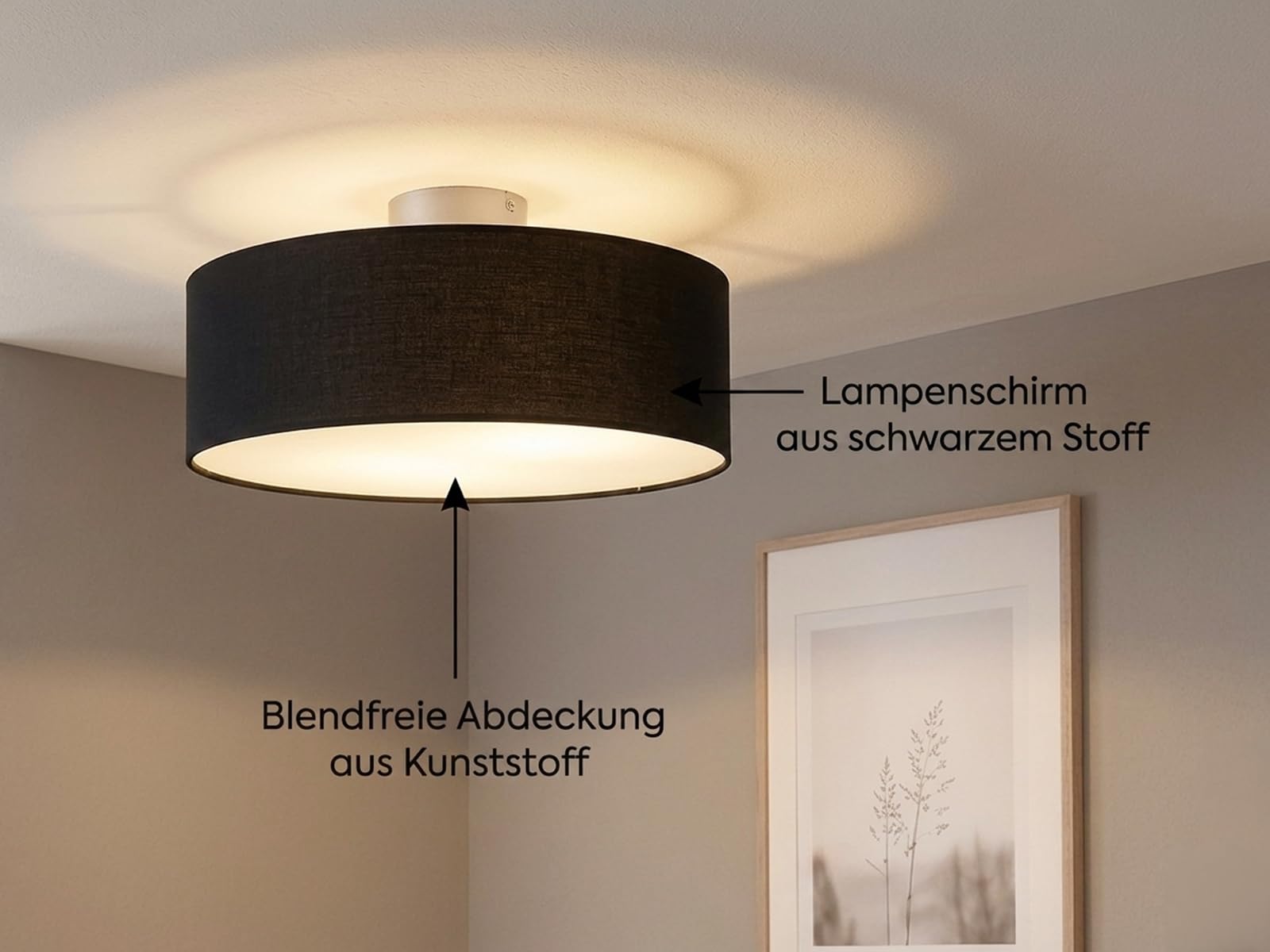meineWunschleuchte Decken-Leuchte Stoff in Schwarz | Ø 40cm, 3x E14, Schirm rund, Satinierte Abdeckung, Blendfreies Licht, für Schlafzimmer & Wohnzimmer