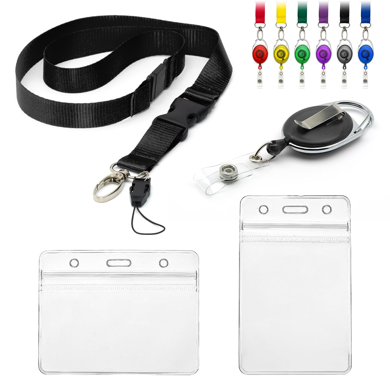 Lanyard with Card Holder 4pc Set, Includes 1 Detachable Safety Breakaway Lanyard 1 Retractable Yo Yo Reel Clip 2 Clear Waterproof Identification ID Badge Double Sided Plastic Identity Pouches (Black)
