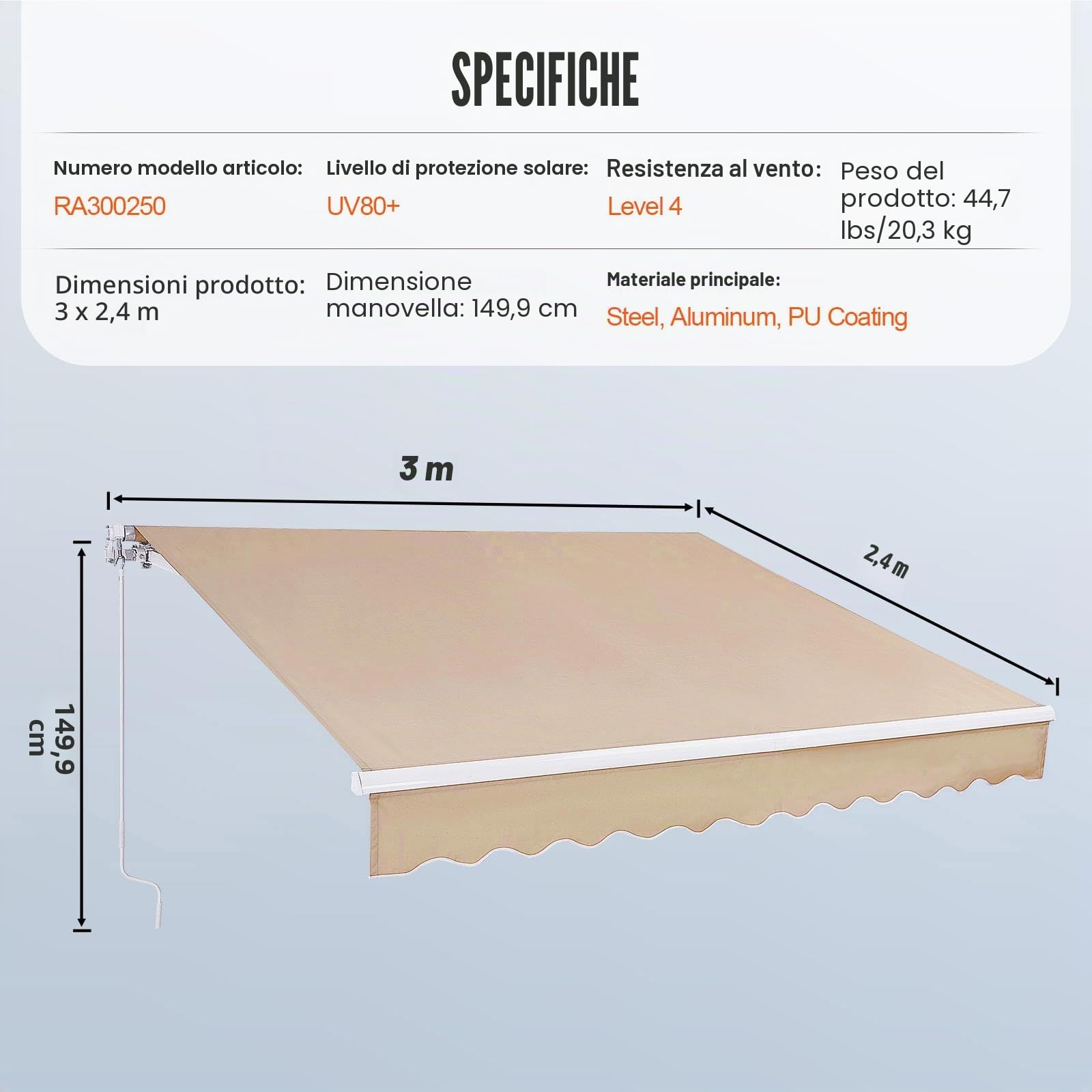 VEVOR Tenda da Sole Retrattile 3 x 2,4 m, Tenda da Sole Manuale per Balcone Cortile Giardino 40°-90° Frangivento Anti Raggi UV, Tenda Parasole Frangivista RetrattileTerrazza Balcone Giardino Cortile