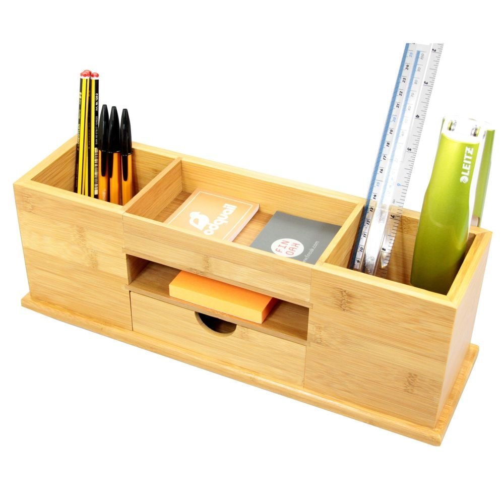 Woodquail Natural Desk Tidy Organiser With Drawer Wide Stationery Organiser 5 Compartments, Made Of Bamboo