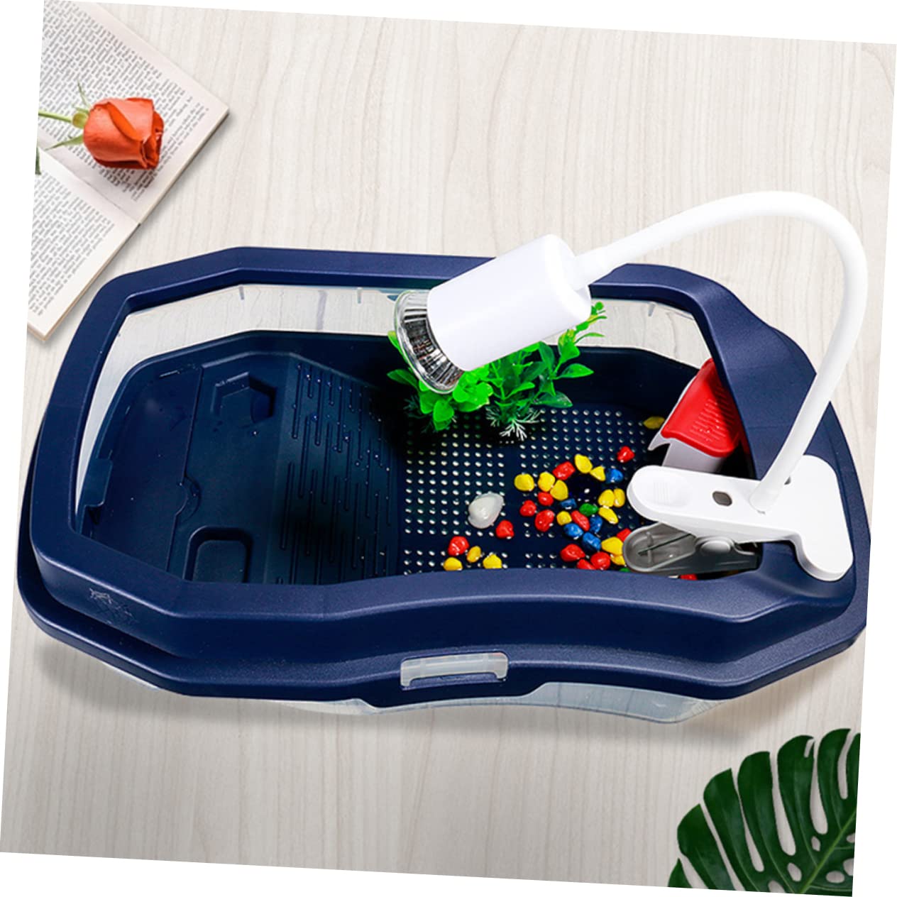 Caja de Cría de Tortugas de Plástico Azul Plataforma | Doble Compartimento y Canal, para Descanso y Comida, Limpieza Sencilla y Resistencia al Desgaste