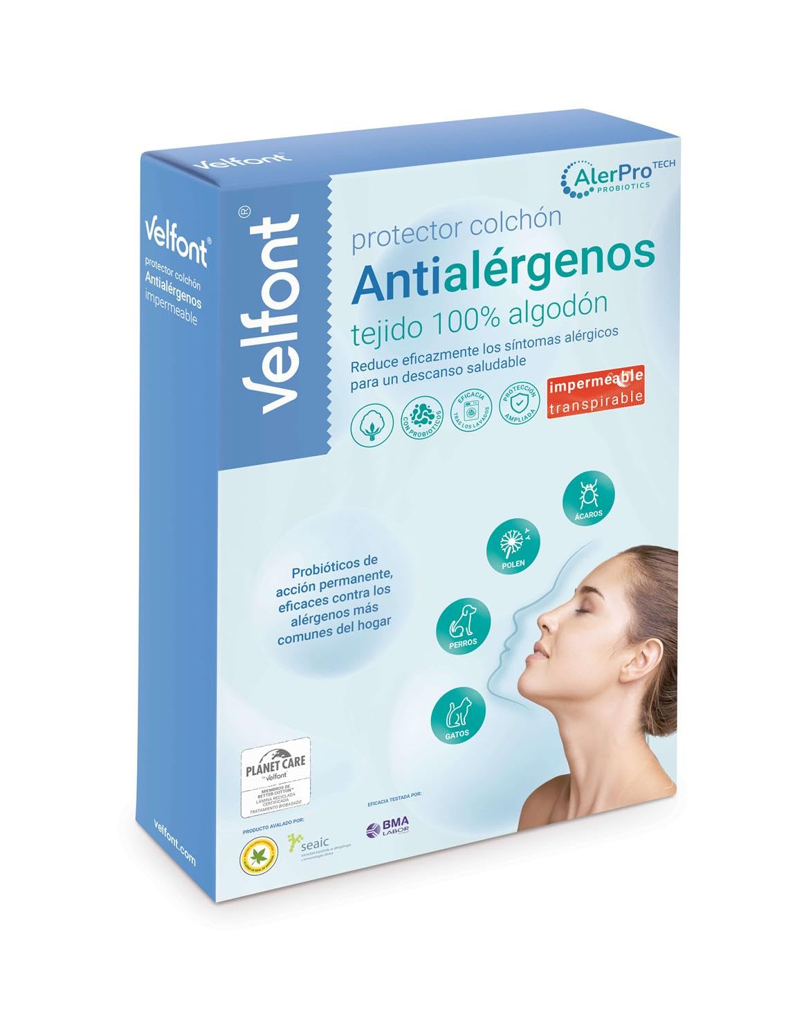 Velfont Protector de Colchón Impermeable Antialérgenos AlerProTECH, 100% Algodón, Compatible con Colchones de hasta 30 cm (150 cm)