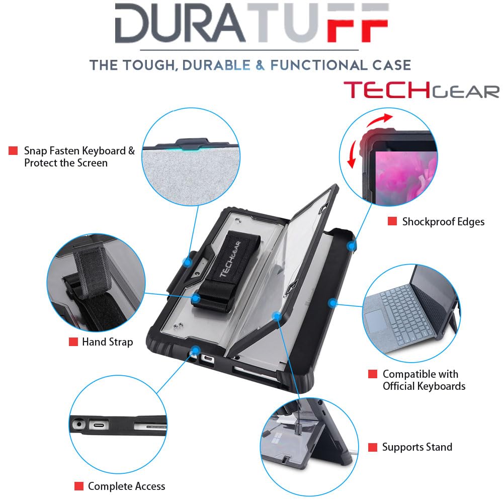 TECHGEAR X-Case per Microsoft Surface Pro 7/7 Plus 6 5 4 12.3, resistente e resistente, resistente agli urti, con supporto girevole a 360, cinturino da polso e tracolla, Nero