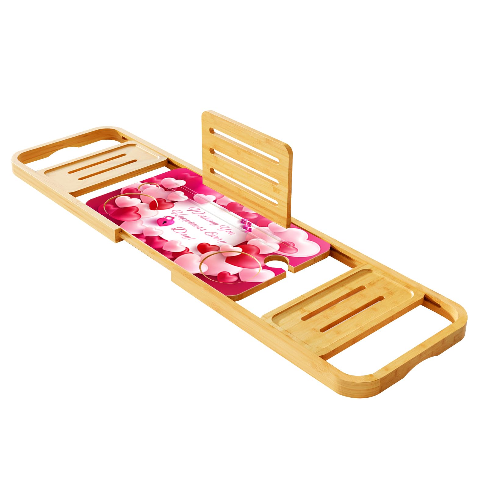 Bandeja para bañera de alta calidad, bandeja expandible para baño, mesa de baño ajustable de bambú, regalos únicos para inauguración de la casa, nuevo hogar, patrón de rosas en forma de corazón