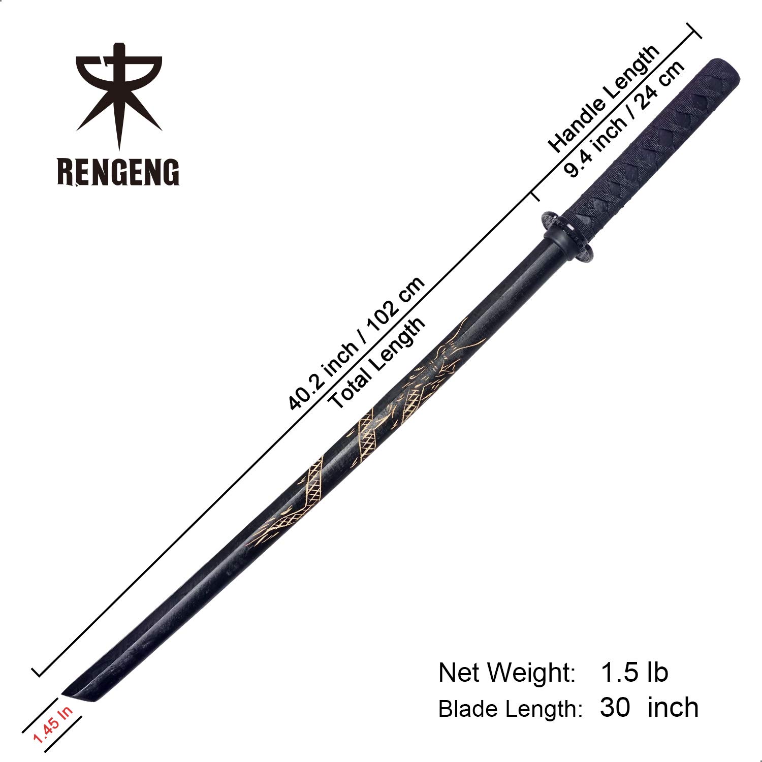 RENGENG Japanese Katana Samurai Kendo Wooden Katana Martial Arts