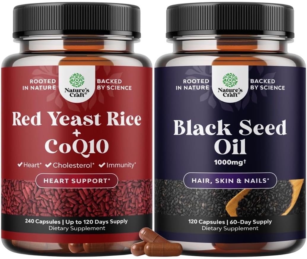Bundle of Red Yeast Rice with CoQ10 Supplement - Advanced Healthy Heart & Healthy Cholesterol Levels Formula and Cold Pressed Black Seed Oil Capsules - Vegan Nigella Sativa Black Cumin Seed Oil
