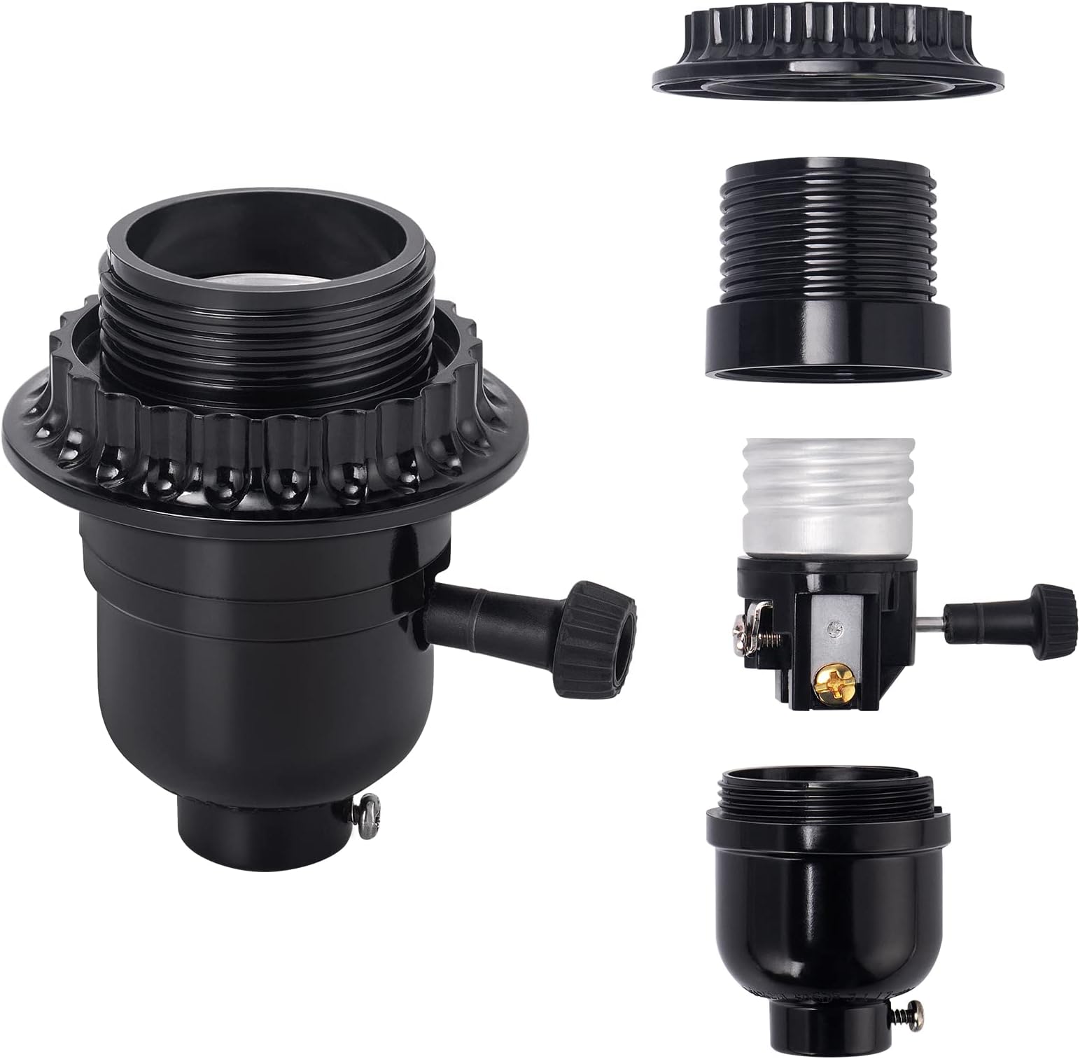 DiCUNO UL Listed E26 Lamp Socket Replacement, Turn Switch Switch Button ON/OFF, Threaded Midsole Light Socket with Lampshade Ring for Desk, Floor Lamp Repair Kit, Black, 1 Pack