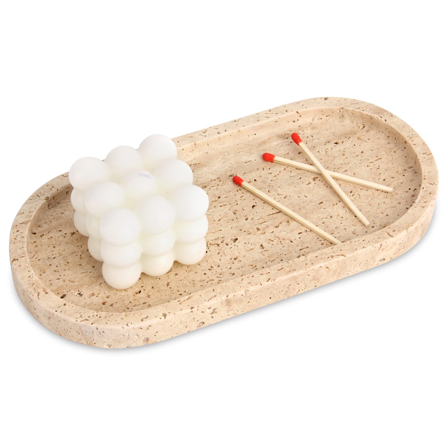 Natural Marble Tray, Oval Luxury Bathroom Vanity Home Kitchen Bathroom Table Tray, Stone Decorative Countertop Serving Trays for Coffee Perfume Jewelry Makeup Key Travertine 25 x 12 cm