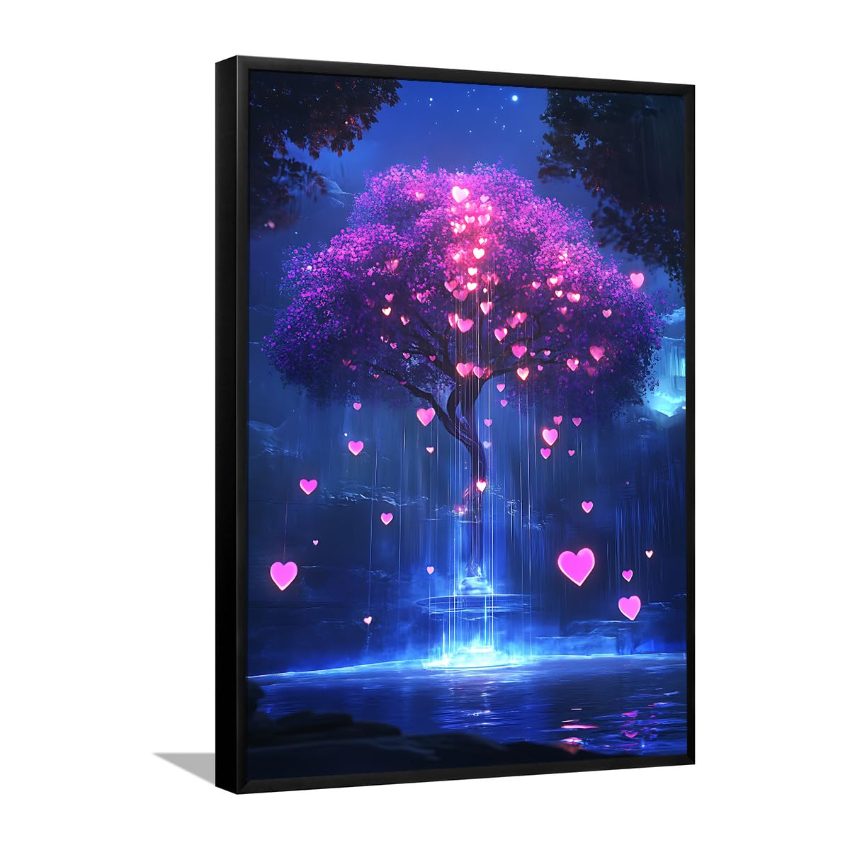 Via Vela Arbre romantique Toile Art mural Fantasy Paysage nocturne Affiches Peinture Amour Coeur Impressions Paysage mystique Murale Oeuvre pour salle d’étude Décor 80x120cm avec cadre noir