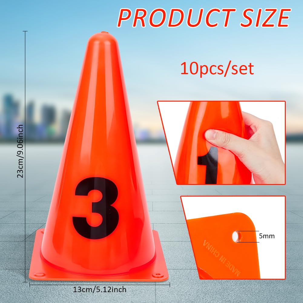 BENECREAT 10 Stück Set nummerierte Hütchen 130x130x230mm Länge orange Trainingsmarkierungen langlebige PVC Sport Hütchen mit Zahlen für Fußball Agilitätstraining