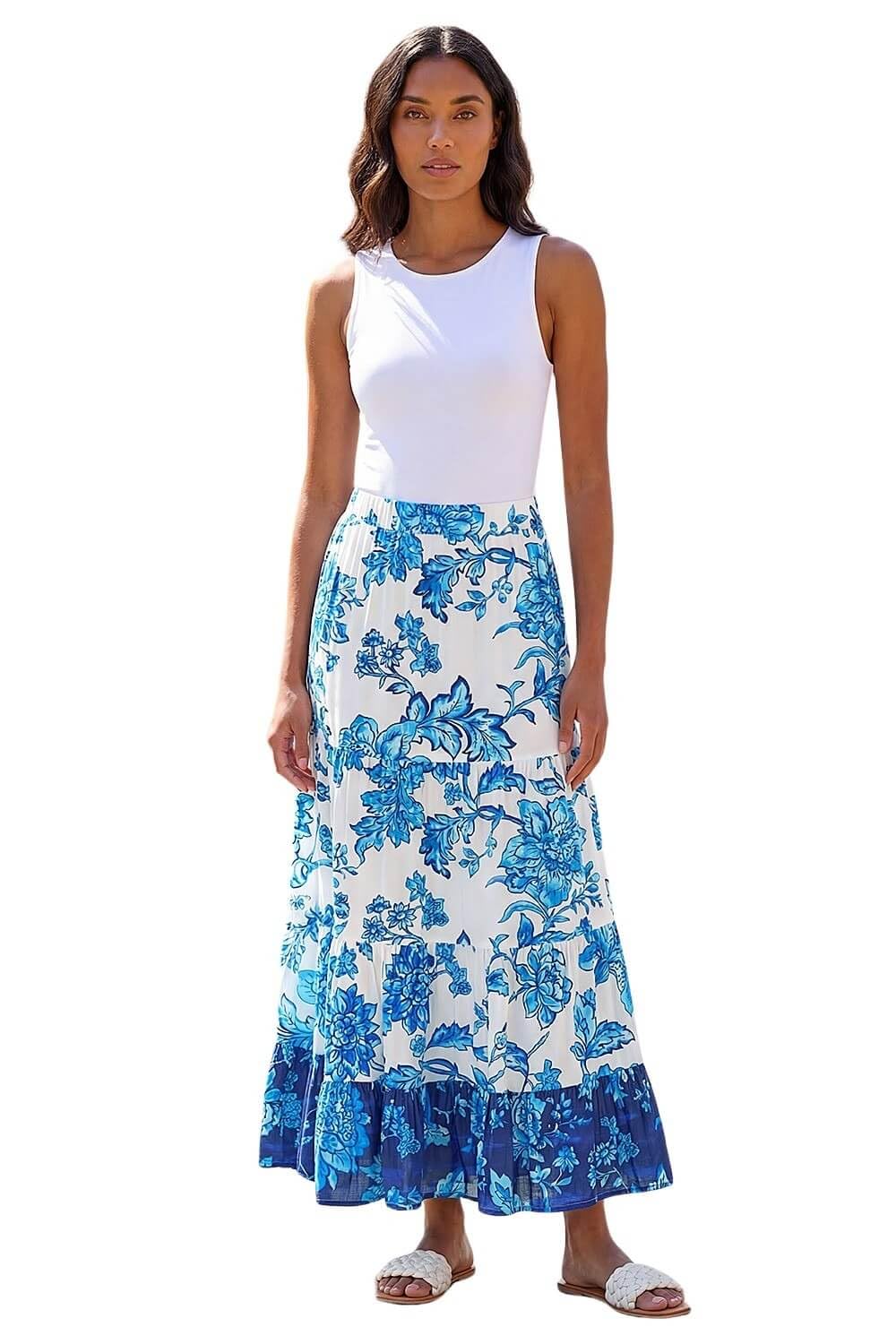 Roman Women's Blue Contrast Floral Tiered Skirt In | : Size 12
