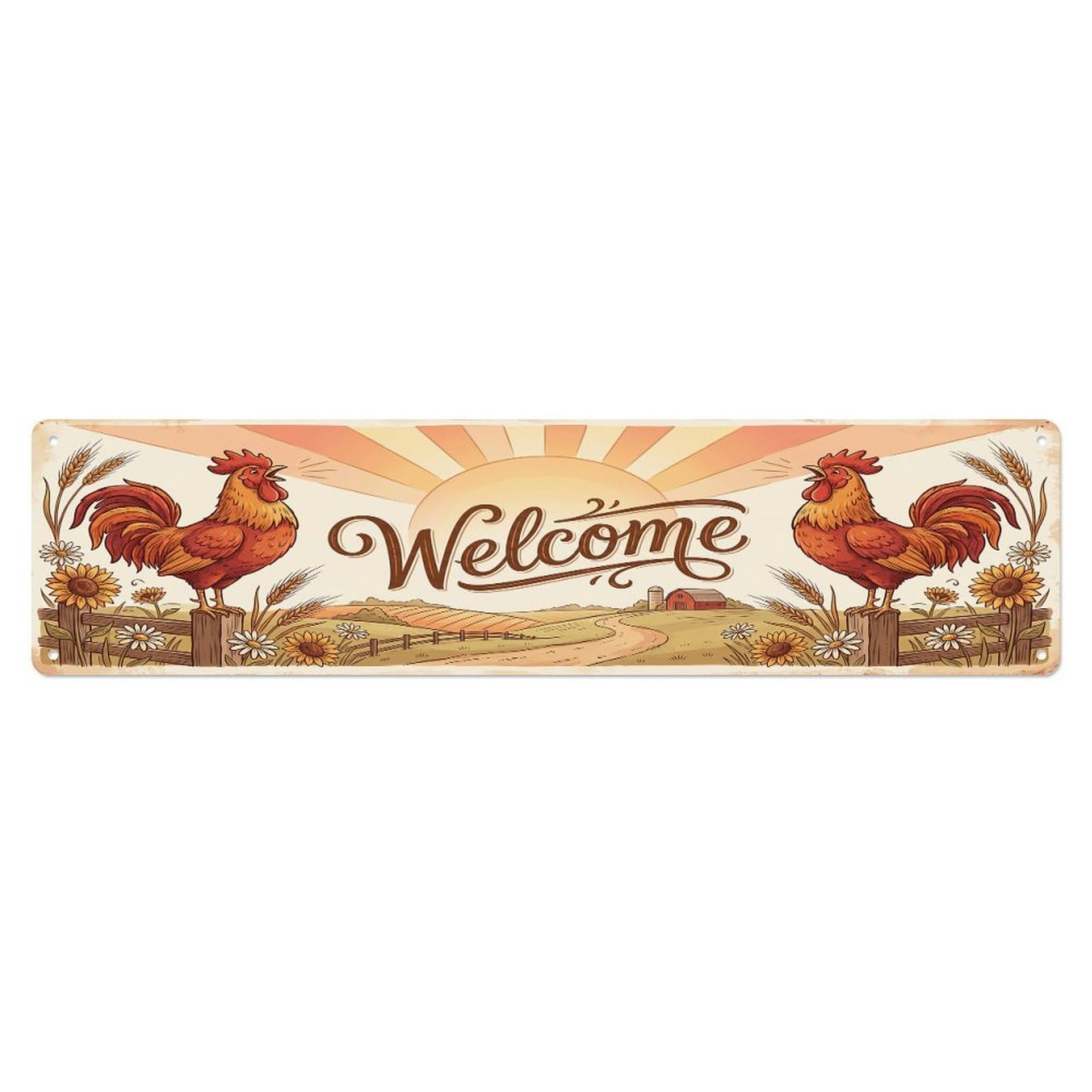 Vintage Welcome Rooster Dawn Metal Tin Sign