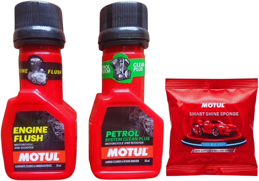 MOTUL Petrol System Clean Plus 50ml & Engine Flush 50ml For 2 Wheeler and Scooters with Smart Shine Sponge Combo