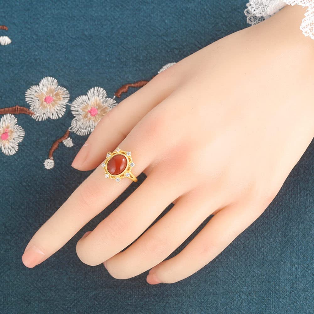 HGJH Ringe Silber, 925Er Sterlingsilber Vergoldete Micro-Set Zirkon Blumenform Ausschnitt Boho Oval Roter Achat Ewigkeitsringe Vergoldete Trauringe Versprechen Ringe Für Mädchen Damen