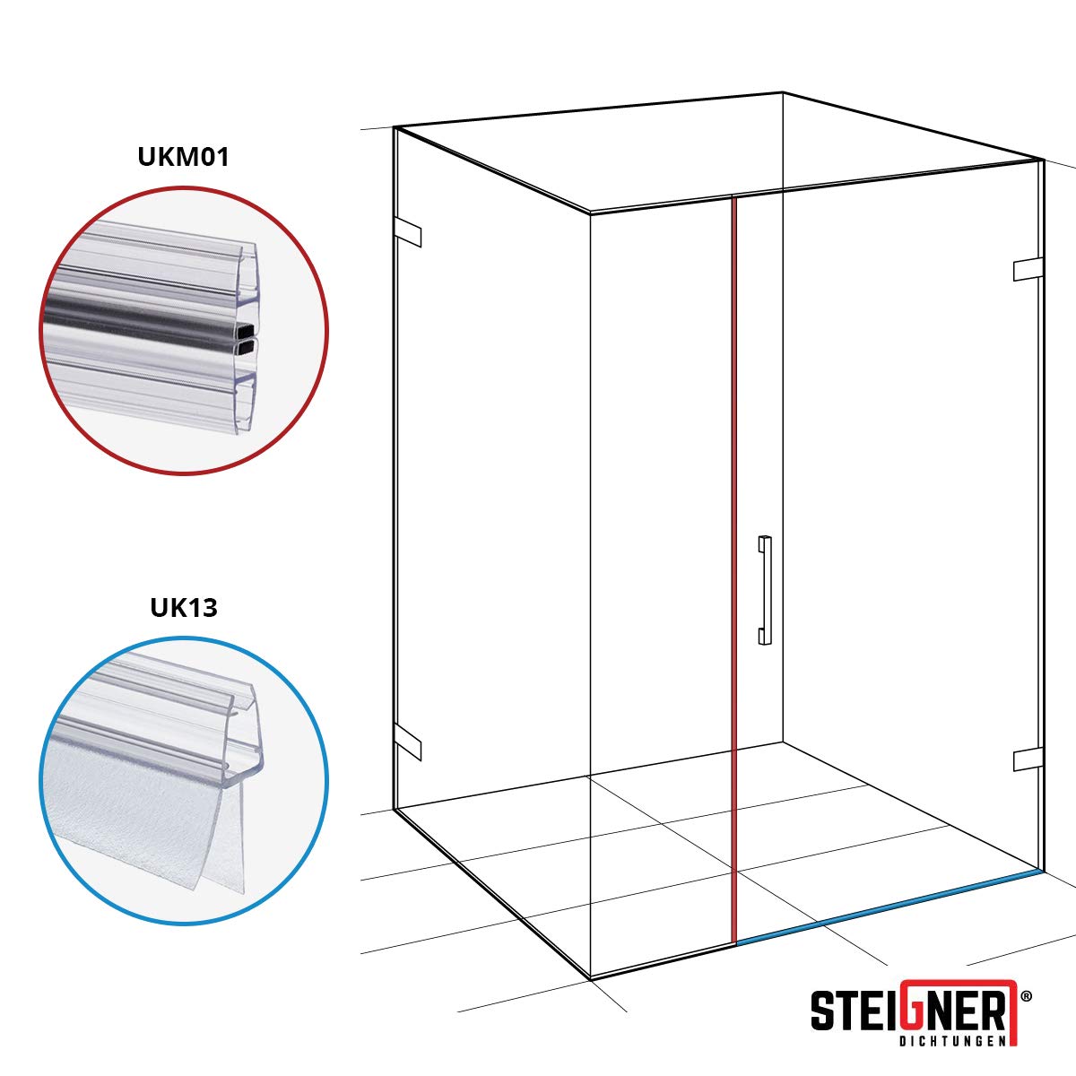 STEIGNER Junta mampara ducha UK13 100cm (1 ud.) transparente para puerta 3,5-5 mm - Set con 2x juntas magnética UKM01 200cm para puertas de ducha 180° - Ajuste perfecto, Fácil instalación, Impermeable