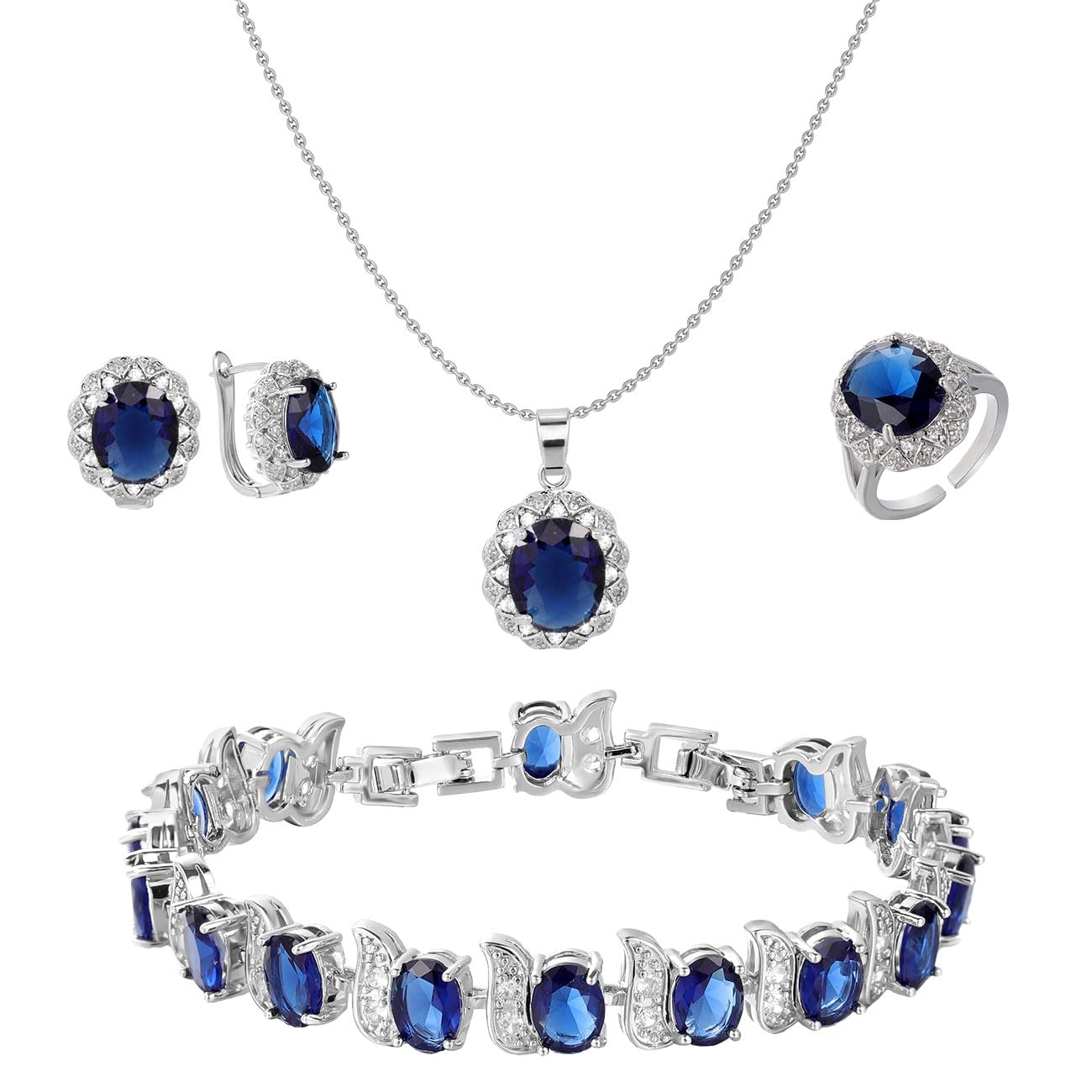 Emibele Joyería Set 4 Piezas, Pendientes de Cristal de Circonita Collar Anillo con Colgante de Circonitas Pulsera de Tenis, Juego de Joyería Elegante para Boda Aniversario Cumpleaños Fiesta