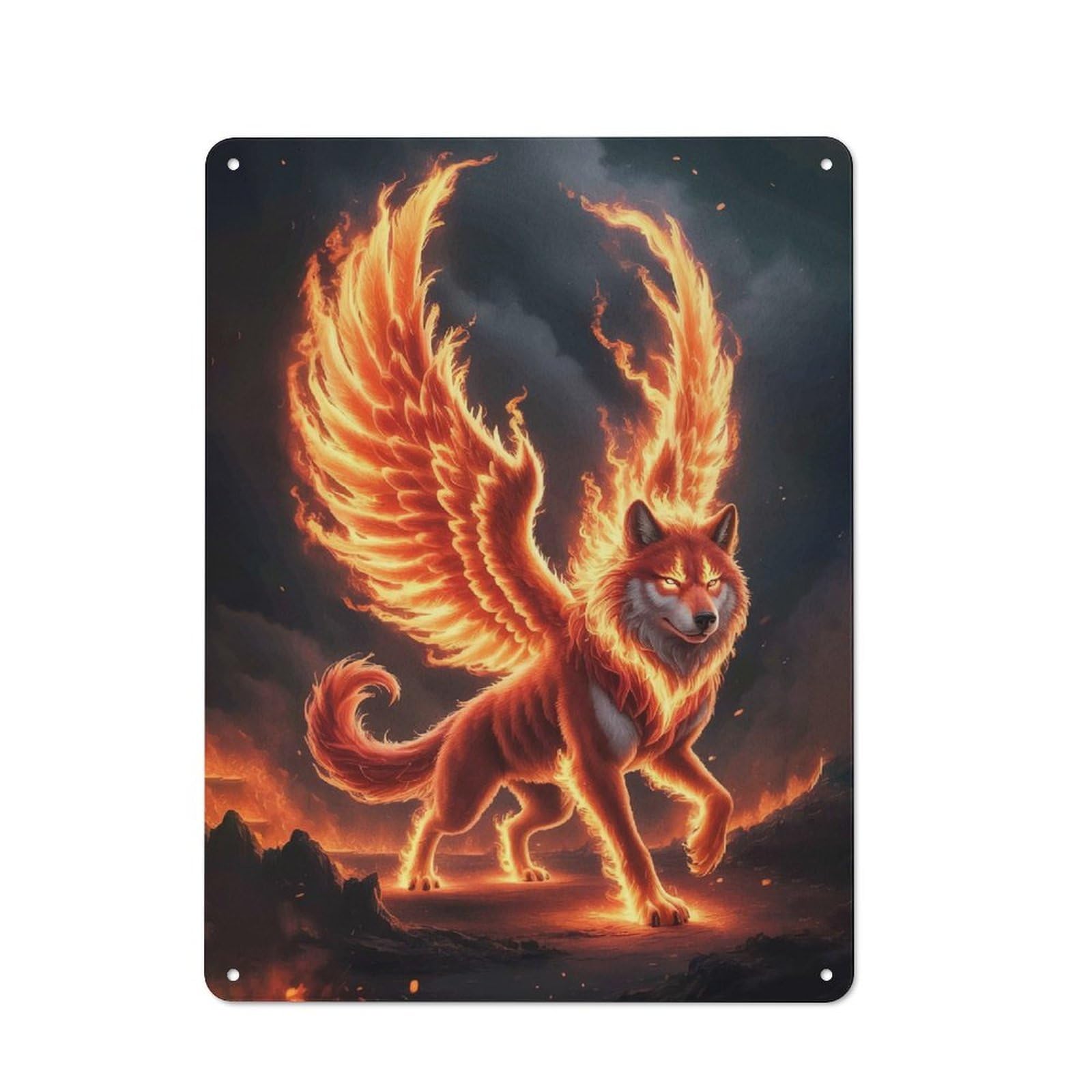 Junmoney Fiery Winged Wolf Retro Printed Metal Sign 40X30cm For Kitchen Or Home Bar, For Garage, Workshop And Man Cave Decoration