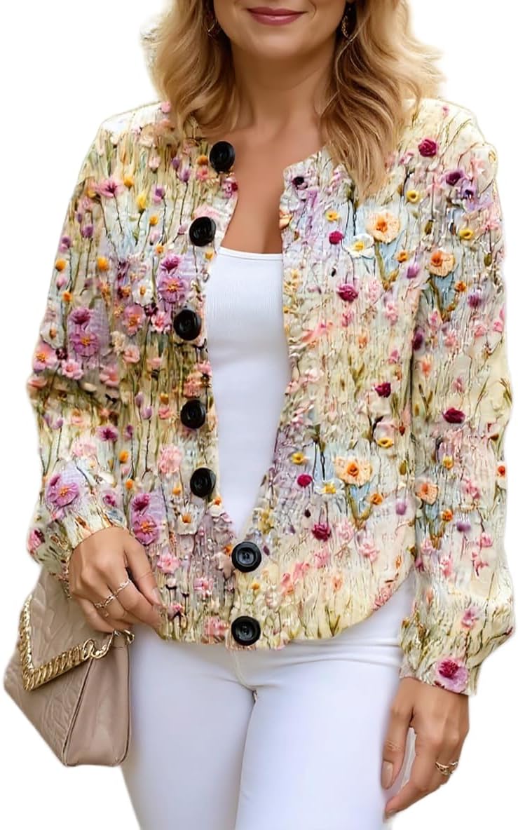 Women's Print Button Down Cardigan Long Sleeve Knit Sweater Casual Vintage Fall Coat