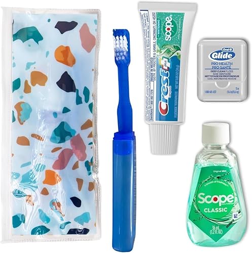 Kit de viaje dental con cepillo de dientes de viaje, pasta de dientes de tamaño de viaje, enjuague bucal y hilo dental en una bolsa reutilizable con
