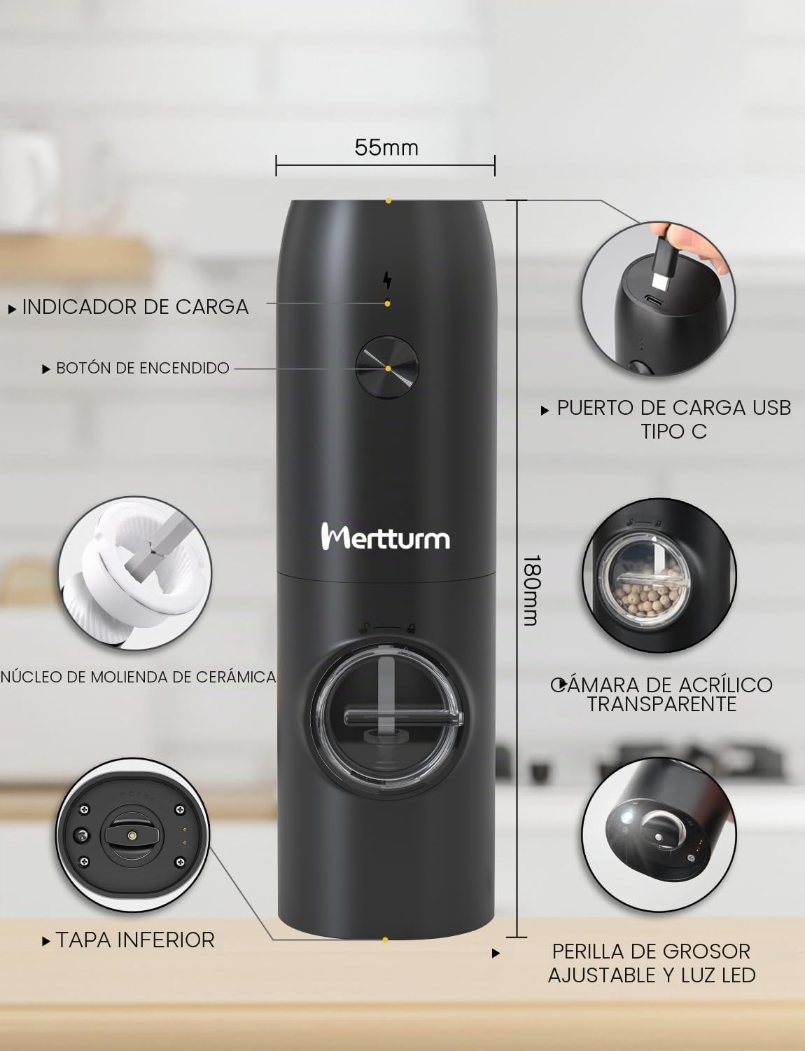 MERTTURM Molinillo Pimienta Eléctrico Recargable, Molinillo Especias con Luz Blanca LED, Grosor Ajustable, Rotor de Cerámica, Operación de Una Mano, Molinillo Sal y Pimienta para Cocina, BBQ