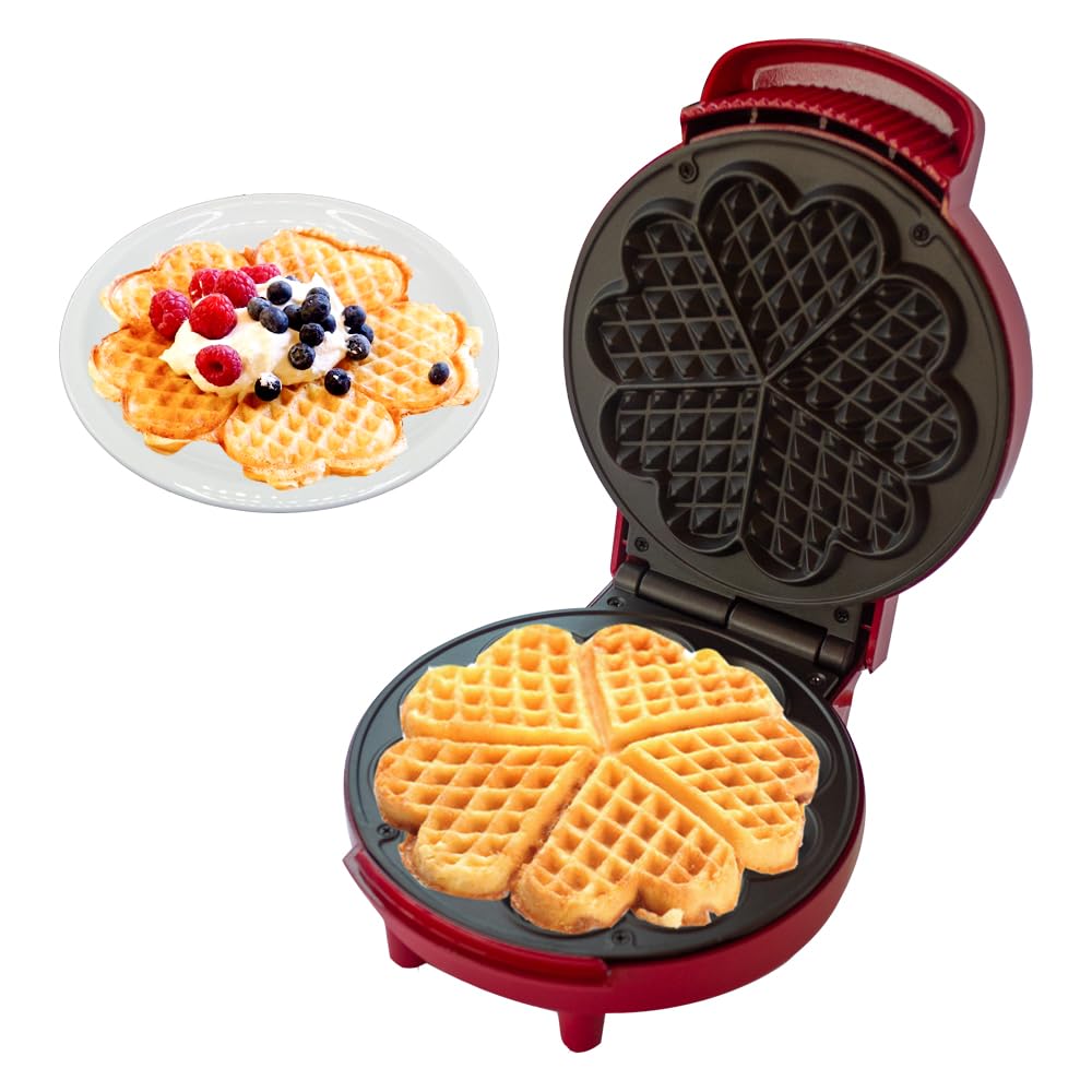 BEHOME Piastra Waffle, Waffle a forma di Cuore con Piastra Antiaderente, Piedini Antiscivolo 1000W, Macchina per 5 Waffle alla volta, Rossa