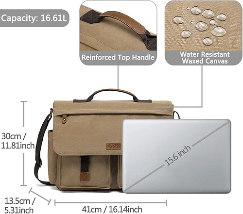 Miniatura 3 de VASCHY - Bolso bandolera para hombre, estilo vintage, resistente al agua, de lona, 14, 15.6, 17 pulgadas, maletín para portátil