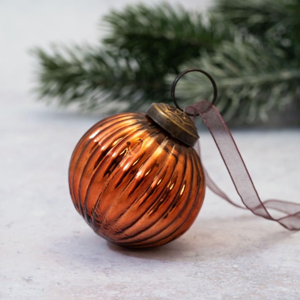 Arthur Cameron Russet – Small Ribbed Glass Bauble – 5Cm Hand-Blown Mini Christmas Tree Decoration – Elegant Xmas Baubles & Small Christmas Baubles With Bronze Cap & Organza Ribbon (Russet)