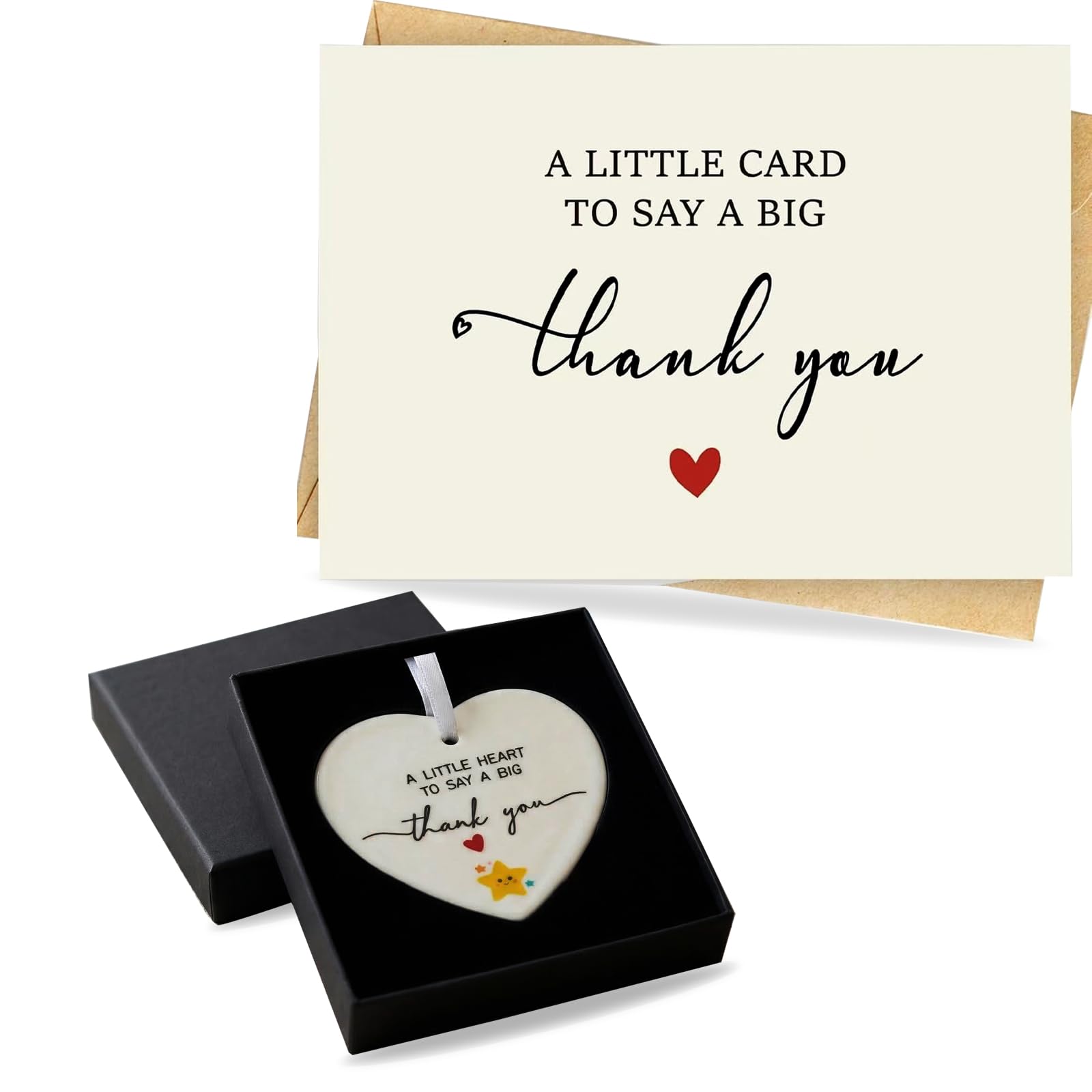 Mitibet Small Thank You Gift Multipack, Ceramic Heart Plaque, Blank Greeting Card, Kraft Envelope, Leaving Presents, Teacher Appreciation, Colleague Wedding Anniversary, Birthday Favors, 1 Set