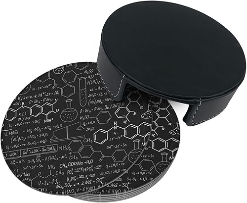 Miniatura 4 de Juego de 6 posavasos de cuero con estampado abstracto de ciencia química, con soporte redondo, resistente al calor, para bebidas, café, posavasos