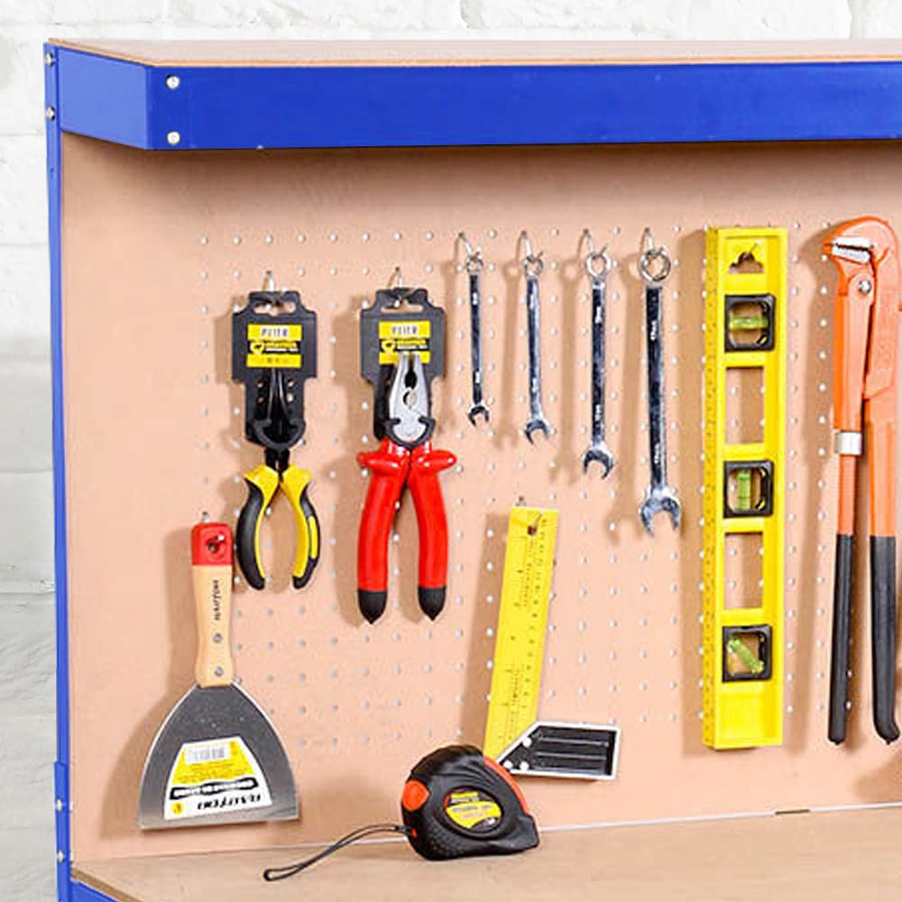 Neo Banco de trabajo de metal de acero banco de trabajo mesa de acero resistente clavija de acero cajón herramienta cobertizo de almacenamiento de garaje taller carpintería bricolaje (azul)