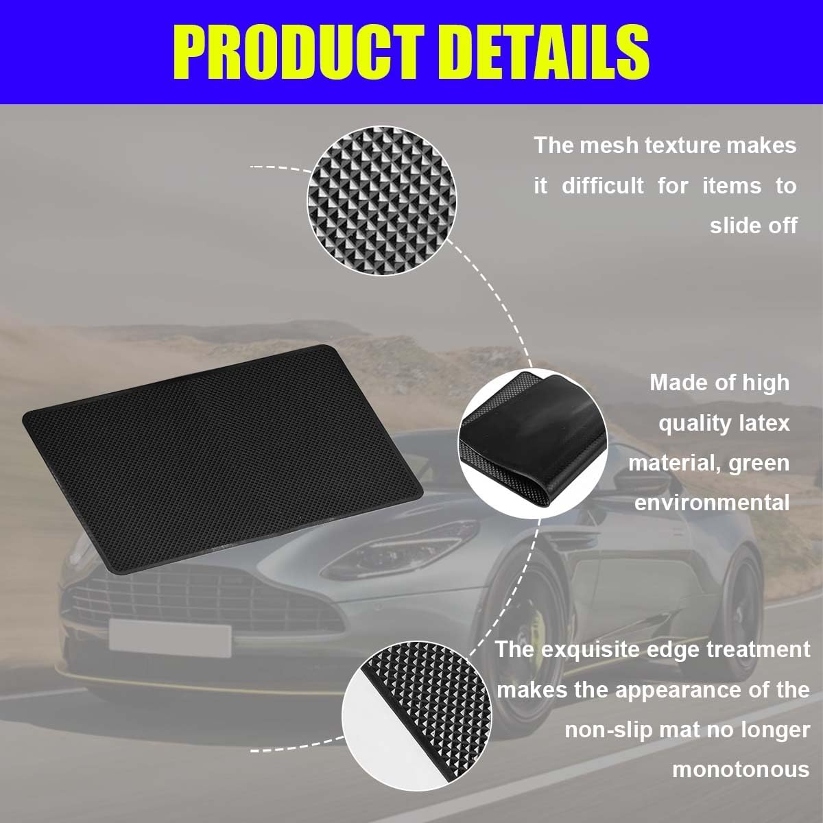 Car Dashboard Anti-Slip Silicone Pad, 7.48'' x 4.72'' Black Grid Sticky Adhesive Mat, Car Grasping Pad, Multifunctional Gripping Mat for Phones, Keys, Sunglasses, Coin, Electronic Devices (19×12 CM)